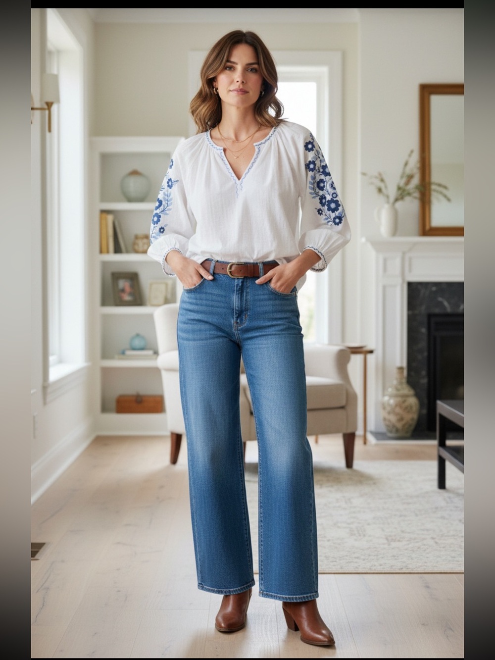 Max Studio Cream Blouse with Blue Floral Sleeve Embroidery Oversized S-M